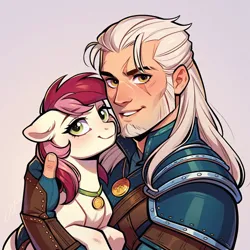 Size: 1024x1024 | Tagged: safe, ai content, derpibooru import, machine learning generated, prompter:doom9454, stable diffusion, roseluck, human, pony, collar, crossover, duo, generator:pony diffusion v6 xl, geralt of rivia, holding a pony, hug, image, looking at you, pet tag, png, pony pet, rosepet, witcher