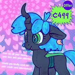 Size: 1500x1500 | Tagged: safe, artist:impamy, derpibooru import, changeling queen oc, oc, oc:changeling filly anon, unofficial characters only, changeling, changeling queen, nymph, original species, plush pony, ahoge, changelingified, cute, cute little fangs, cuteling, digital art, eyelashes, fangs, female, floppy ears, heart, heart eyes, horn, image, plushie, plushification, png, price tag, quadrupedal, seams, solo, species swap, wingding eyes