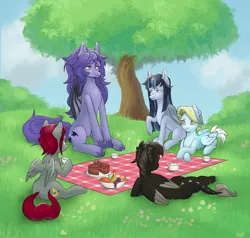 Size: 2048x1949 | Tagged: safe, artist:naet, ponerpics import, oc, unofficial characters only, pony, female, image, jpeg, looking at each other, lying down, mare, picnic