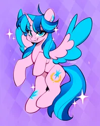 Size: 3000x3788 | Tagged: safe, artist:sugarstar, derpibooru import, oc, oc:neon star, alicorn, pony, artfight, image, png, smiling, solo, sparkles, spread wings, wings