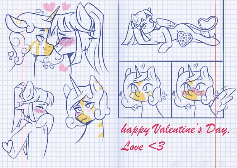 Size: 3508x2480 | Tagged: safe, artist:naet, ponerpics import, oc, oc:princess coke, unofficial characters only, pony, female, holiday, image, jpeg, lesbian, mare, nuzzling, valentine's day