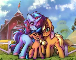 Size: 1280x1024 | Tagged: safe, artist:drawmagic, derpibooru import, applejack, oc, oc:candied apple, oc:chilly passion, earth pony, pony, unicorn, g4, apple, apple tree, blue coat, blue mane, canon x oc, couple, cowboy hat, cute, family, family picture, female, fence, food, freckles, green eyes, hat, horn, hug, image, male, married couple, multicolored hair, multicolored mane, multicolored tail, orange coat, pink hooves, pink mane, png, purple eyes, purple hooves, smiling, straight, sweet apple acres, sweet apple acres barn, tail, tree, wholesome, yellow mane