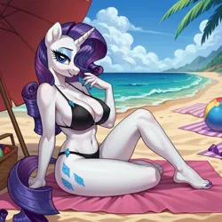 Size: 1024x1024 | Tagged: suggestive, ai content, derpibooru import, machine learning generated, prompter:cartman6x6, rarity, anthro, plantigrade anthro, unicorn, beach, belly, belly button, bikini, breasts, busty rarity, clothes, feet, horn, image, nail polish, png, swimsuit, toenail polish, toenails, toes