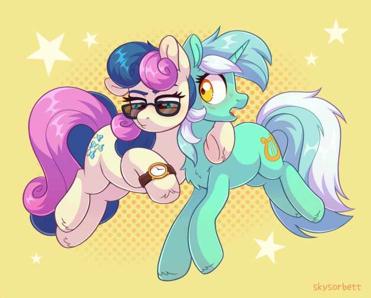 Size: 2283x1838 | Tagged: safe, artist:skysorbett, derpibooru import, bon bon, lyra heartstrings, sweetie drops, earth pony, pony, unicorn, g4, abstract background, blushing, chest fluff, duo, duo female, eyebrows, female, frog (hoof), glasses, horn, image, lesbian, looking at someone, looking at something, lyrabon, mare, png, raised hoof, shipping, stars, sunglasses, two toned mane, underhoof, watch