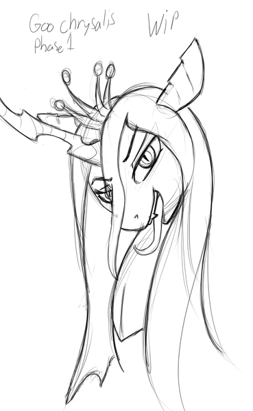 Size: 970x1577 | Tagged: safe, artist:discrete turtle, queen chrysalis, changeling, changeling queen, /mlp/, 4chan, bust, drawthread, female, head tilt, image, long tongue, looking at you, monochrome, open mouth, png, sketch, slit eyes, solo, tongue out, wip