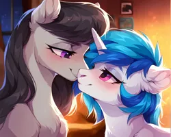 Size: 3200x2560 | Tagged: safe, ai content, derpibooru import, machine learning generated, prompter:derp621, stable diffusion, octavia melody, vinyl scratch, earth pony, pony, unicorn, g4, blushing, duo, duo female, female, generator:pony diffusion v6 xl, horn, image, jpeg, lesbian, looking at each other, looking at someone, prompt in description, scratchtavia, shipping, smiling, window