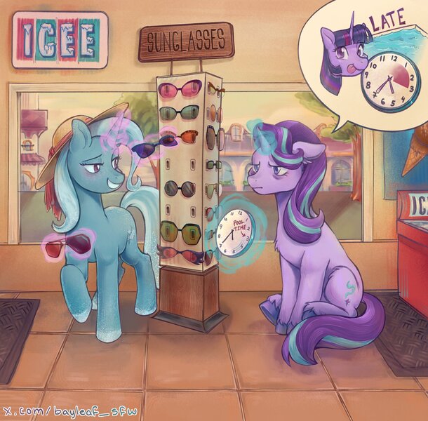 Size: 2048x2014 | Tagged: safe, artist:dried_bayleaf, derpibooru import, starlight glimmer, trixie, twilight sparkle, pony, unicorn, bags under eyes, choosing, clock, duo, duo female, female, grin, high res, horn, image, jpeg, late, magic, mare, shop, smiling, speech bubble, starlight glimmer is not amused, sunglasses, telekinesis, tongue out, unamused, unshorn fetlocks