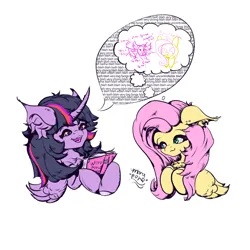 Size: 1920x1920 | Tagged: safe, artist:umbrapone, derpibooru import, fluttershy, twilight sparkle, twilight sparkle (alicorn), alicorn, pegasus, pony, were-pony, werewolf, duo, duo female, female, image, imagination, implied transformation, lesbian, png, ship:twishy, shipping, simple background, talking, white background