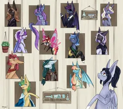 Size: 2000x1778 | Tagged: safe, artist:nyanri, derpibooru import, oc, oc:brass tacks, oc:bright eyes, oc:cherry bomb, oc:gloomy, oc:jasmine, oc:lavender, oc:nox, oc:quick tie, oc:riptide, unofficial characters only, bat pony, dragon, hybrid, pegasus, pony, unicorn, angry, bust, cape, clothes, eyepatch, female, glasses, group, horn, image, jacket, looking at you, male, mare, pirate, png, portrait, scar, simple background, smiling, stallion, suit, wings