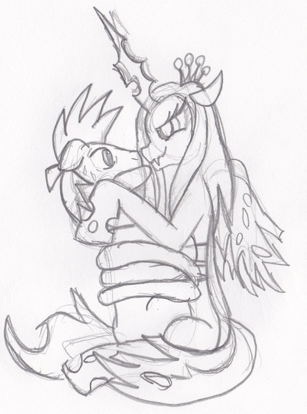 Size: 1307x1765 | Tagged: suggestive, artist:sam-i-amsketches, queen chrysalis, oc, unnamed oc, changeling, changeling queen, earth pony, pony, /mlp/, 4chan, drawthread, female, hug, image, jpeg, lidded eyes, looking at each other, male, monochrome, sketch, smiling, stallion, sweat, sweatdrops, tentacle hug, tentacles, traditional art