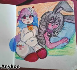 Size: 1728x1580 | Tagged: safe, artist:anykoe, derpibooru import, oc, oc:anykoe, unofficial characters only, anthro, earth pony, rabbit, animal, anthro with ponies, bell, bell collar, blushing, bunny ears, clothes, collar, ear fluff, earth pony oc, female, floating heart, heart, image, jpeg, multicolored hair, photo, pillow, signature, sleeping, socks, traditional art, watercolor painting