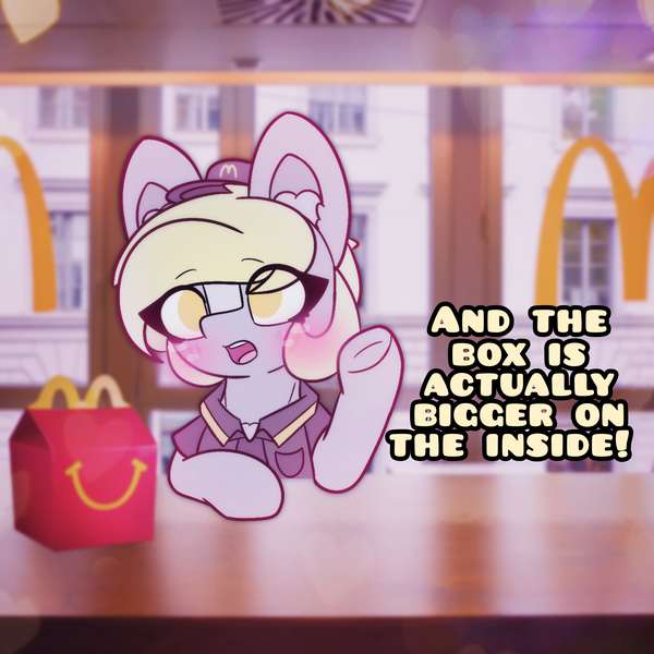 Size: 4096x4096 | Tagged: safe, artist:sodapop sprays, derpibooru import, part of a set, derpy hooves, pegasus, pony, series:derpy can't catch a break, blushing, chest fluff, clothes, doctor who, ear fluff, eye clipping through hair, fast food, food, freckles, image, implied dr whooves, mcdonald's, png, solo, talking to viewer, text