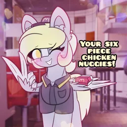 Size: 4096x4096 | Tagged: safe, artist:sodapop sprays, derpibooru import, part of a set, derpy hooves, pegasus, pony, series:derpy can't catch a break, blushing, chest fluff, chicken meat, chicken nugget, clothes, ear fluff, eye clipping through hair, fast food, food, freckles, image, long hair, looking at you, mcdonald's, meat, meme, one eye closed, peace sign, png, smiling, smiling at you, solo, spread wings, text, wing hands, wings, wink, winking at you