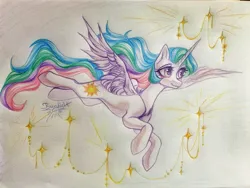 Size: 4000x3000 | Tagged: safe, artist:jsunlight, derpibooru import, princess celestia, alicorn, pony, colored pencil drawing, concave belly, female, flying, image, long mane, long tail, mare, png, slender, solo, tail, thin, traditional art, wind, windswept mane