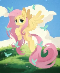 Size: 1717x2102 | Tagged: safe, artist:mink, derpibooru import, fluttershy, butterfly, insect, pegasus, pony, cloud, female, flying, grass, image, jpeg, mare, outdoors, smiling, solo, spread wings, wings