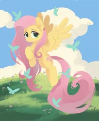 Size: 1717x2102 | Tagged: safe, alternate version, artist:mink, derpibooru import, fluttershy, butterfly, insect, pegasus, pony, cloud, female, flying, grass, image, jpeg, lineless, looking at you, mare, outdoors, smiling, solo, spread wings, wings