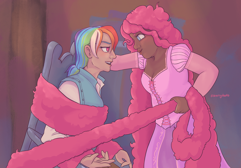 Size: 2048x1430 | Tagged: safe, artist:starryducks, derpibooru import, pinkie pie, rainbow dash, human, g4, alternate hairstyle, bondage, chair, clothes, cosplay, costume, crossover, dark skin, disney, dress, duo, duo female, female, flynn rider, hair, hair bondage, humanized, image, impossibly long hair, lesbian, lipstick, long hair, looking at each other, looking at someone, pants, pinkiedash, png, rapunzel, shipping, shirt, tangled (disney), tied up, unsexy bondage, very long hair