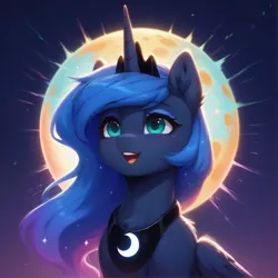 Size: 1128x1128 | Tagged: safe, ai content, derpibooru import, generator:bluefox mix, machine learning generated, prompter:adorablebluefox, stable diffusion, princess luna, alicorn, pony, g4, bust, chest fluff, ear fluff, eyelashes, eyeshadow, female, folded wings, full moon, happy, horn, image, jewelry, luna's crown, makeup, mare, moon, neck fluff, night, open mouth, open smile, outdoors, peytral, png, portrait, regalia, smiling, solo, sternocleidomastoid, tiara, wings