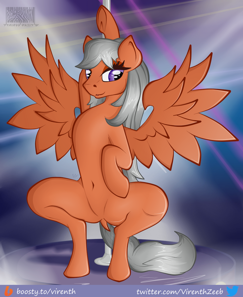 Size: 1000x1223 | Tagged: questionable, artist:virenth, derpibooru import, oc, oc:crescendo, pegasus, belly, belly button, female, image, looking at you, png, pole dancing, solo, solo female, squatting, stripper pole