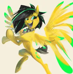 Size: 780x783 | Tagged: safe, artist:beherelongtime, derpibooru import, oc, oc:lightning bug, unofficial characters only, pegasus, pony, fanfic:song of seven, black mane, clothes, female, flying, gem, image, jewelry, mare, necklace, pegasus oc, pegasus wings, png, short tail, simple background, smiling, solo, spread wings, stretch, stretching, tail, two toned mane, wings, yellow coat