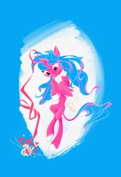 Size: 780x1136 | Tagged: safe, artist:beherelongtime, derpibooru import, oc, oc:echo shade, unofficial characters only, pony, squirrel, unicorn, fanfic:song of seven, animal, blue mane, cutie mark, glow, glowing horn, horn, image, leonine tail, long tail, magic, pink coat, png, solo, tail, two toned mane, unicorn oc