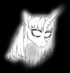 Size: 1836x1924 | Tagged: safe, artist:mammalian_alien, derpibooru import, twilight sparkle, ghost, ghost pony, pony, undead, unicorn, black background, blank eyes, dishevelled, horn, image, messy mane, monochrome, png, simple background, solo