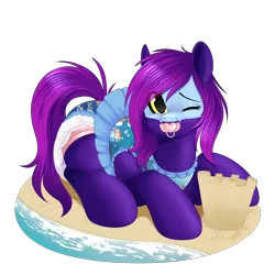 Size: 3000x3000 | Tagged: safe, artist:xcinnamon-twistx, derpibooru import, oc, oc:aeris strider, pony, beach, bluey, clothes, diaper, foal, image, one eye closed, pacifier, png, swimsuit, wink