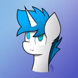 Size: 2339x2339 | Tagged: safe, artist:japkozjad, derpibooru import, oc, oc:nhale, unofficial characters only, pony, unicorn, blue eyes, blue mane, bust, countershading, fangs, gradient background, gradient mane, horn, image, looking at you, looking up, no catchlights, no pupils, png, signature, smiling, solo, unicorn oc, white coat