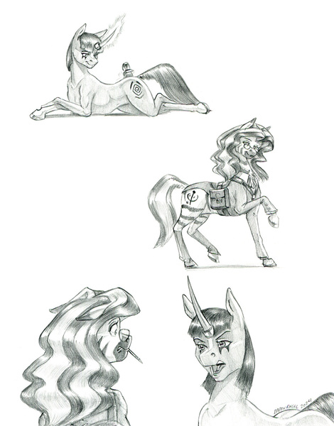 Size: 1050x1340 | Tagged: safe, artist:baron engel, derpibooru import, oc, oc:prophecy, oc:scot free, unofficial characters only, pony, unicorn, zebra, bag, black and white, brush, brushie, brushie brushie, brushing, female, glasses, grayscale, horn, horn ring, image, jewelry, jpeg, levitation, lying down, magic, magic suppression, mare, monochrome, mouth hold, open mouth, pencil, pencil drawing, possession, raised hoof, ring, saddle bag, simple background, slit pupils, story included, telekinesis, traditional art, white background