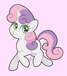 Size: 745x852 | Tagged: safe, artist:czscribbles, derpibooru import, sweetie belle, pony, unicorn, g4, cute, diasweetes, female, filly, foal, horn, image, jpeg, looking at you, pink background, prancing, simple background, smiling, solo