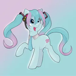 Size: 2048x2048 | Tagged: safe, artist:czscribbles, derpibooru import, kotobukiya, ponified, earth pony, pony, clothes, cute, eye clipping through hair, female, gradient background, hatsune miku, image, jpeg, kotobukiya hatsune miku pony, mare, necktie, open mouth, raised hoof, smiling, solo, vocaloid