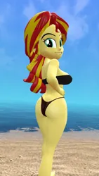 Size: 1080x1920 | Tagged: suggestive, artist:oatmeal!, derpibooru import, sunset shimmer, human, equestria girls, g4, 3d, beach, bikini, breasts, butt, clothes, gmod, hand on hip, image, looking at you, looking back, ocean, png, rear view, sexy, sideboob, simple background, solo, standing, strapless, swimsuit, thong swimsuit, water