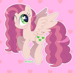 Size: 1054x1028 | Tagged: safe, artist:lullapiies, derpibooru import, oc, oc:lullapie, pegasus, pony, female, heart, heart eyes, image, mare, one eye closed, png, solo, spread wings, wingding eyes, wings, wink