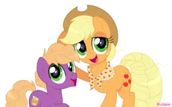 Size: 1436x894 | Tagged: safe, artist:lullapiies, derpibooru import, applejack, little mac, earth pony, pony, aunt and nephew, clothes, colt, duo, female, foal, granny smith's shawl, image, lidded eyes, male, mare, older, older applejack, open mouth, open smile, png, scarf, simple background, smiling, white background