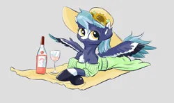 Size: 4295x2547 | Tagged: safe, artist:lytlethelemur, derpibooru import, oc, oc:bellflower frost, unofficial characters only, pegasus, pony, alcohol, blaze (coat marking), bottle, clothes, coat markings, colored wings, dress, facial markings, female, flower, glass, gray background, hat, high res, image, looking up, lying down, mare, multicolored wings, png, prone, simple background, smiling, solo, spread wings, sun hat, sundress, sunflower, unshorn fetlocks, wine, wine bottle, wine glass, wings