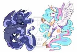 Size: 1553x1061 | Tagged: safe, artist:ananican, derpibooru import, princess celestia, princess luna, alicorn, pony, g4, chinese text, duo, duo female, female, image, jpeg, lidded eyes, looking at you, mare, moon runes, royal sisters, siblings, simple background, sisters, smiling, smiling at you, spread wings, white background, wings