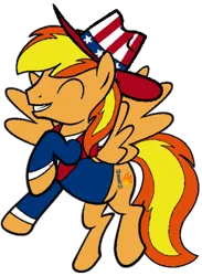 Size: 308x421 | Tagged: safe, derpibooru import, oc, oc:firey ratchet, pegasus, g4, 4th of july, american independence day, clothes, detective, eyes closed, hat, holiday, image, male, png, simple background, smiling, solo, transparent background