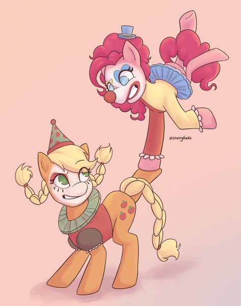 Size: 1617x2048 | Tagged: safe, artist:starryducks, derpibooru import, applejack, pinkie pie, earth pony, pony, g4, alternate hairstyle, braid, braided pigtails, braided tail, clown, clown makeup, clown nose, duo, duo female, female, gradient background, grin, handstand, hat, image, mare, pigtails, png, red nose, smiling, tail, top hat, upside down