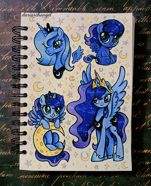 Size: 2337x2887 | Tagged: safe, artist:dariarchangel, derpibooru import, princess luna, alicorn, pony, g4, big eyes, blue coat, blue hair, blue mane, blue tail, bust, celestia's crown, cheese moon, chibi, crescent moon, crown, cute, daaaaaaaaaaaw, ethereal hair, ethereal mane, ethereal tail, female, filly, filly luna, hoof shoes, image, jewelry, large wings, luna is not amused, luna's crown, lunabetes, mare, moon, peytral, photo, png, portrait, princess shoes, regalia, sitting, sketchbook, smiling, sparkles, spread wings, standing, starry eyes, starry mane, starry tail, stars, tail, tangible heavenly object, traditional art, unamused, wingding eyes, wings, young luna, younger