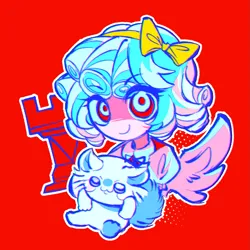 Size: 1157x1157 | Tagged: safe, artist:pineapple_tart, derpibooru import, cozy glow, flying squirrel, human, squirrel, g4, chiikawa, crossover, hand puppet, humanized, image, momonga, png, red background, simple background, smiling, winged humanization, wings