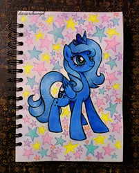 Size: 3072x3816 | Tagged: safe, artist:dariarchangel, derpibooru import, princess luna, alicorn, pony, g4, blue coat, blue hair, blue mane, blue tail, cute, female, folded wings, image, jpeg, looking up, luna's crown, lunabetes, mare, photo, sketchbook, smiling, standing, stars, tail, traditional art, wings, young luna