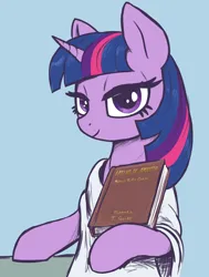 Size: 2000x2650 | Tagged: safe, artist:t72b, derpibooru import, twilight sparkle, pony, unicorn, book, bust, cicero, clothes, female, hoof hold, horn, image, laelius de amicitia, looking at you, mare, png, portrait, princess of friendship, pun, roman, toga, unicorn twilight