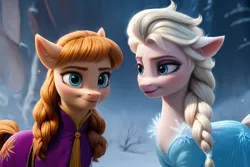 Size: 1920x1280 | Tagged: safe, ai content, artist:cunningstuntda, machine learning generated, stable diffusion, ponified, earth pony, pony, anna, brown hair, elsa, female, frozen (movie), image, png, siblings, sisters, white hair