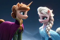 Size: 1920x1280 | Tagged: safe, ai content, artist:cunningstuntda, machine learning generated, ponified, earth pony, pony, unicorn, anna, brown mane, disney, elsa, female, frozen (movie), image, png, siblings, sisters, white mane