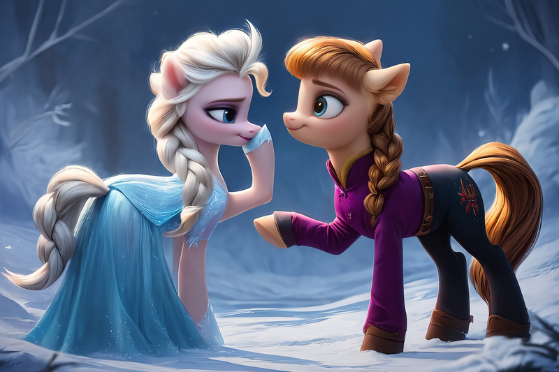 Size: 1920x1280 | Tagged: safe, ai content, artist:cunningstuntda, machine learning generated, ponified, earth pony, pony, anna, brown mane, disney, elsa, female, frozen (movie), image, png, siblings, sisters, white mane