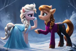 Size: 1920x1280 | Tagged: safe, ai content, artist:cunningstuntda, machine learning generated, ponified, earth pony, pony, anna, brown mane, disney, elsa, female, frozen (movie), image, png, siblings, sisters, white mane