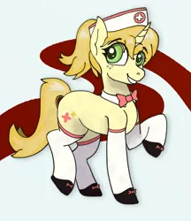 Size: 3593x4164 | Tagged: safe, artist:owslafa, derpibooru import, oc, oc:nurse goldenheart, unicorn, clothes, freckles, green eyes, hat, horn, image, nurse, nurse hat, png, simple background, smiling, socks, stockings, thigh highs, yellow coat, yellow mane