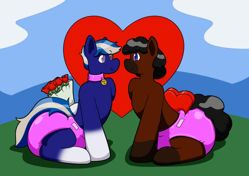 Size: 1490x1053 | Tagged: safe, artist:defilerzero, ponerpics import, oc, unofficial characters only, pony, diaper, diaper fetish, fetish, flower, image, looking at each other, male, non-baby in diaper, png, rose, stallion