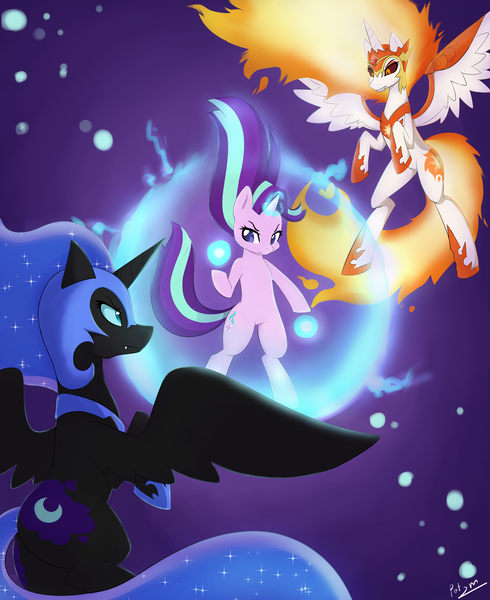 Size: 4900x6000 | Tagged: safe, artist:potzm, derpibooru import, daybreaker, nightmare moon, starlight glimmer, alicorn, pony, unicorn, g4, absurd resolution, female, flying, glow, glowing horn, helmet, hoof shoes, horn, image, levitation, magic, magic aura, magic bubble, mare, peytral, png, princess shoes, self-levitation, spread wings, tail, telekinesis, trio, trio female, wings