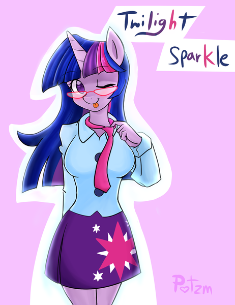 Size: 1327x1722 | Tagged: safe, artist:potzm, derpibooru import, twilight sparkle, anthro, unicorn, g4, :p, clothes, cutie mark, cutie mark on clothes, equestria girls outfit, eyebrows, eyebrows visible through hair, female, glasses, horn, image, lavender background, looking at you, name, necktie, one eye closed, png, shirt, simple background, skirt, smiling, smiling at you, solo, tongue out, unicorn twilight, wink, winking at you